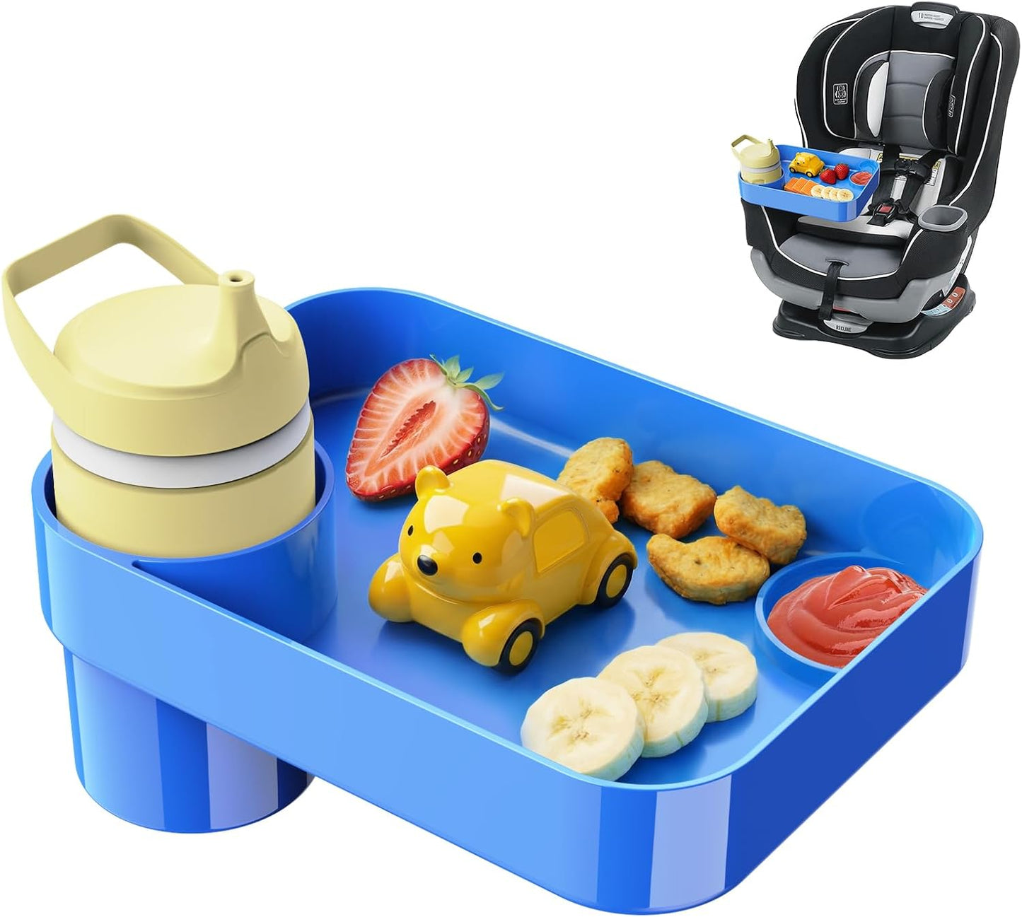 Car Seat Snack Tray for Toddlers - 3 Inch Cup Holder Fits Most Sippy Cups & Straw Bottles with Dip Well, Mess-Free Square Kids Travel Tray Road Trip Essentials, Black