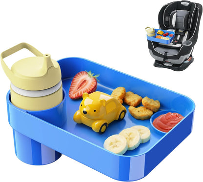 Car Seat Snack Tray for Toddlers - 3 Inch Cup Holder Fits Most Sippy Cups & Straw Bottles with Dip Well, Mess-Free Square Kids Travel Tray Road Trip Essentials, Black