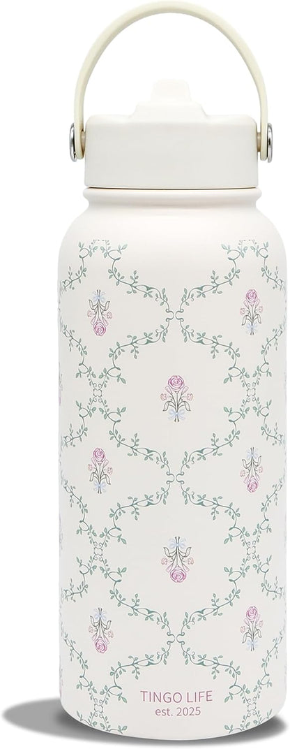 25oz Insulated Stainless Steel Aesthetic Cute Water Bottle - 2 Lids Included (Straw + Sport Handle), Leakproof BPA-Free, Dreamy Cream Cute Floral Design, Perfect Gym/Yoga/Office Companion