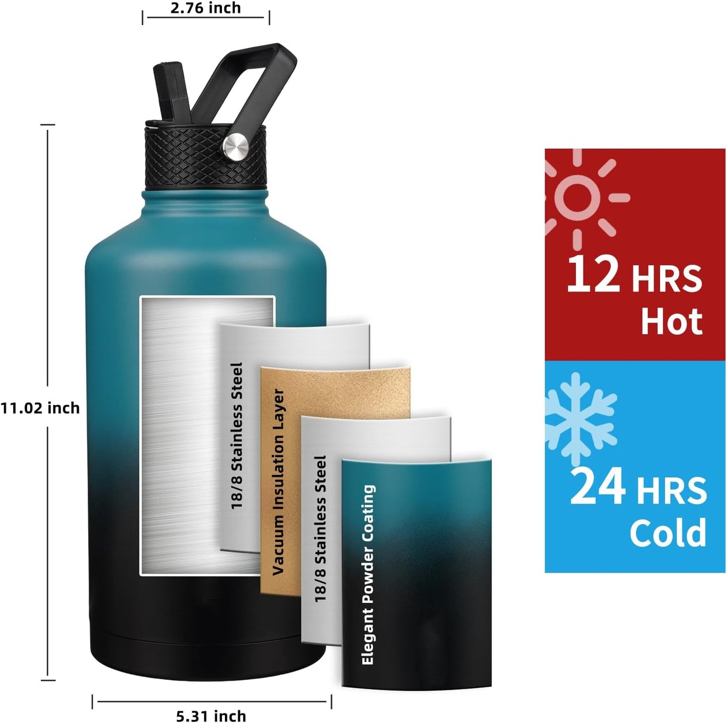 Insulated Water Bottle 40oz,Triple Wall Vacuum Stainless Steel(Dishwasher Safe),Leak Proof & Non-BPA,Flask Jug with Paracord Handle & Straw Spout Lids Sports Cherry Blossom