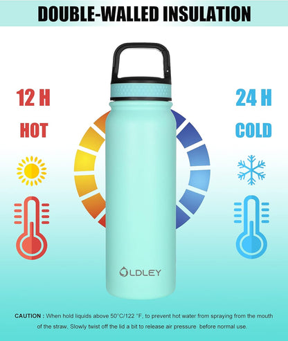 Oldley Insulated Water Bottle 20oz for Adults Kids Stainless Steel Water Bottles with Straw/Chug/Carabiner 3 Lids Fruit Strainer Double Wall Vacuum Wide Mouth BPA Free Leak-Proof for School Travel