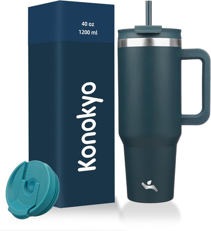 Konokyo 30 oz Tumbler with Handle and 2 Straws,2 in 1 Lid Insulated Water Bottle Stainless Steel Travel Coffee Mug,Sky