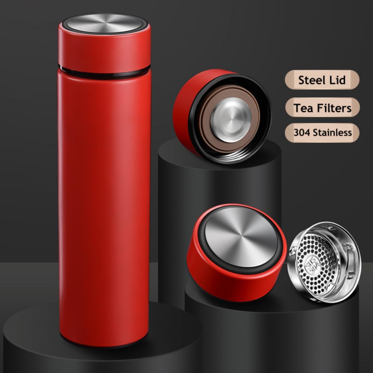 Insulated Water Bottles- Vacuum Tumbler for Coffee, Tea and Drinks with Stainless Steel Infuser - 15 oz Tea Thermo Travel Bottle/Keeps Drinks Hot or Cold for Hours/Gift Packing (Silver)