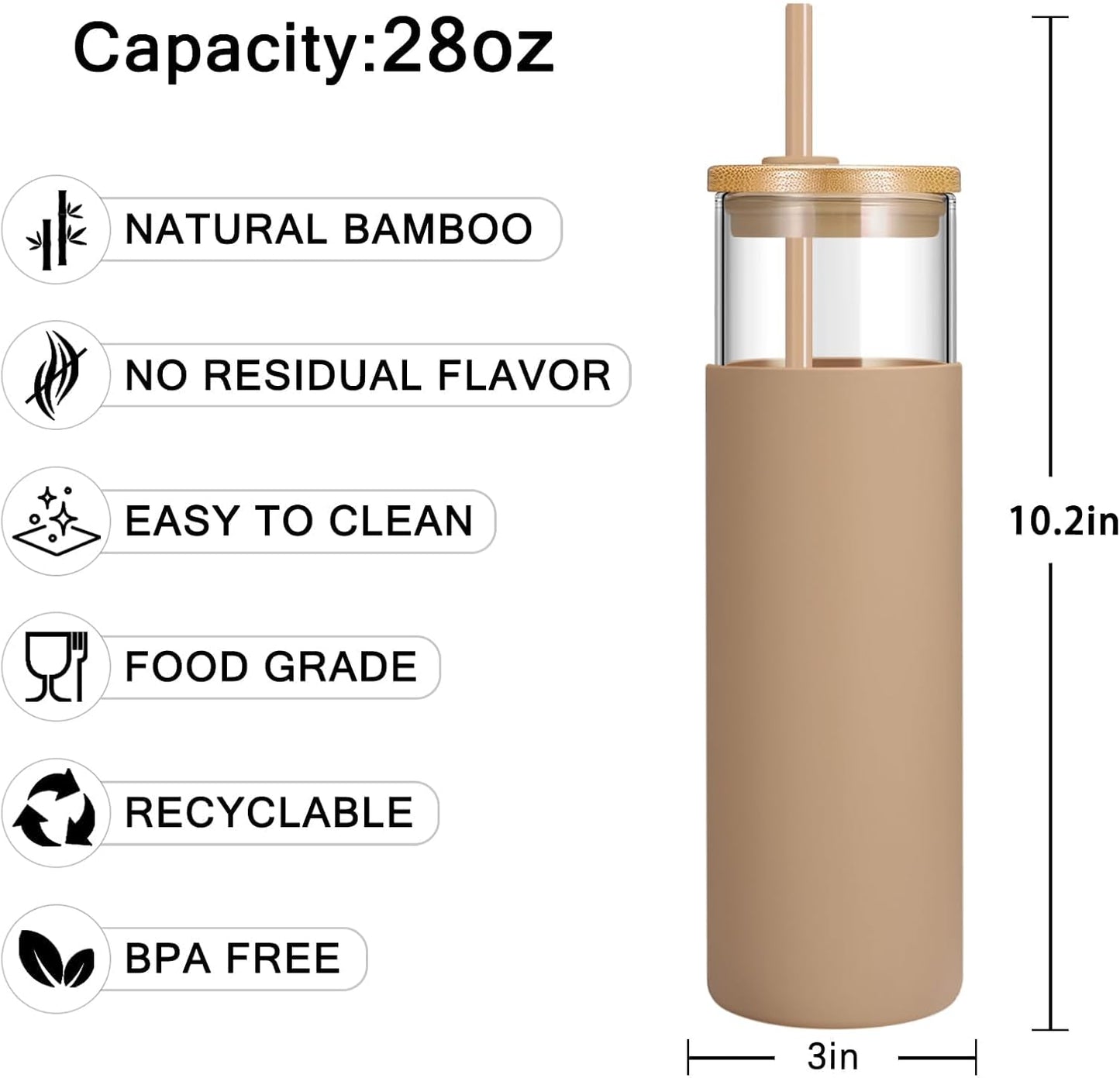 Tronco 24 oz Glass Tumbler with Lids and Straw, Reusable Iced Coffee Cup & Smoothie Cup with Bamboo Lid, Silicone Sleeve, Dishwasher Safe, BPA-Free Borosilicate Glass, 1 Pack