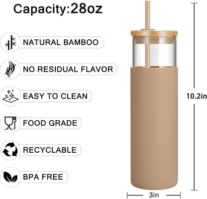 Tronco 24 oz Glass Tumbler with Lids and Straw, Reusable Iced Coffee Cup & Smoothie Cup with Bamboo Lid, Silicone Sleeve, Dishwasher Safe, BPA-Free Borosilicate Glass, 1 Pack