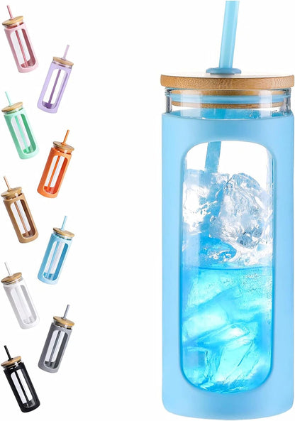 Kodrine 20oz Glass Water Tumbler with Straw and Lid, Bamboo Lids Water Bottle, Iced Coffee Cup Reusable, Wide Mouth Smoothie Cups with Protective Silicone Sleeve BPA FREE-Black - Colors A