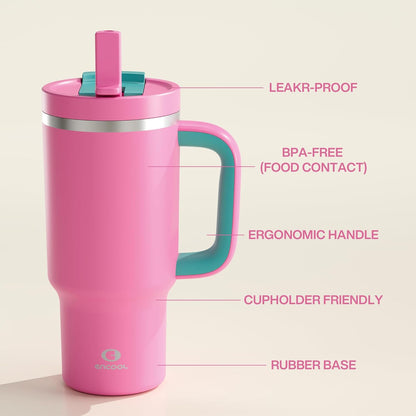 40 oz Tumbler with Handle and Straw: Stainless Steel Insulated Tumbler Keeps Cold for 24 Hours, Leakproof Travel Cup Fits in Cup Holder and BPA-Free, Cotton Candy