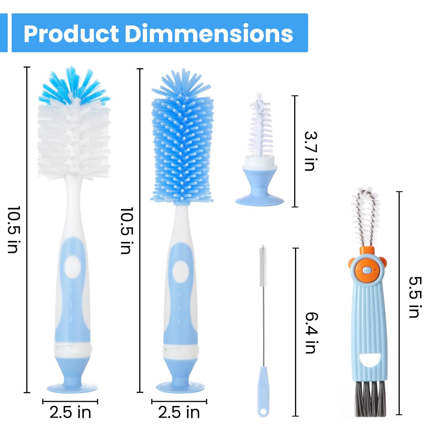 Ariseno 5-in-1 Baby Bottle Cleaner Set, Including Nylon & Silicone Bottle Brush, Cap, Straw & Nipple Brushes, BPA-Free (Grey)