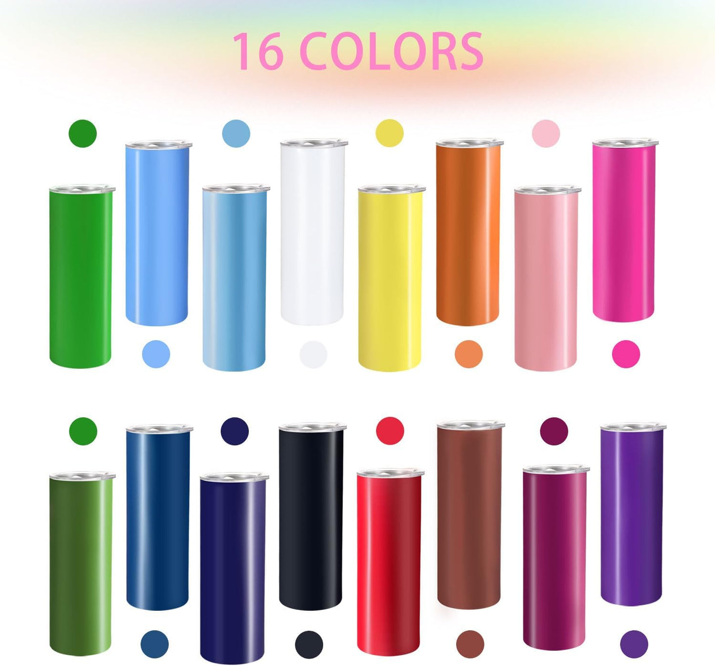 YOUKE OLA 16 Pack Skinny Tumblers 20oz Bulk Straight Stainless Steel Double Wall Vacuum Insulated Tumbler with Lid and Straw & Silicone Base for Travel, DIY, 16 Colors