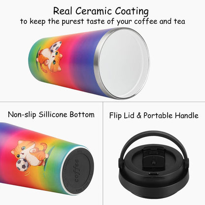 Funkrin Insulated Coffee Mug with Ceramic Coating, 16oz Iced Coffee Tumbler Cup with Flip Lid and Handle, Double Wall Vacuum Leak-Proof Travel Mug for Office School Party Camping