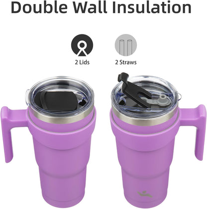 Konokyo 20 oz Tumbler with Handle and 2 Straw 2 Lid, Insulated Water Bottle Stainless Steel Vacuum Cup Reusable Travel Mug,Black