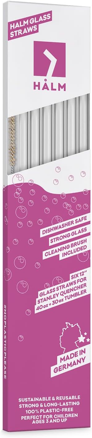 Halm Glass Straws - 6 Long 12 inch Bent Stanley Cup Replacement Drinking Straws + Plastic-Free Cleaning Brush - Perfect for Bottles & Quencher - Made in Germany - Dishwasher Safe - Eco-Friendly