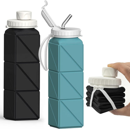 BEAUTAIL Collapsible Water Bottles 20.6oz (610 ml) 2 Pack, Silicone Foldable Portable Travel Water Bottle, BPA-free, Reusable Leakproof for Traveling Camping Hiking Cycling Sports Outdoor (Blue+DKBL)