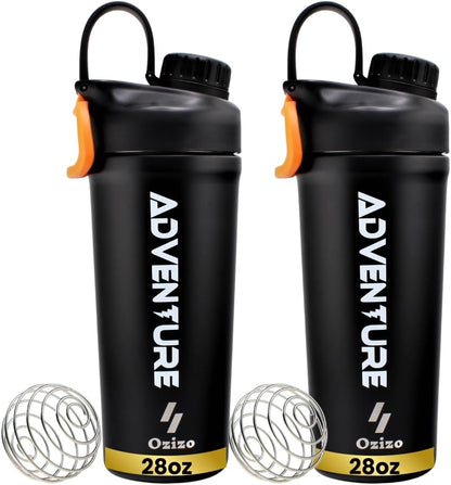 Ozizo 2 Pack Stainless Steel Insulated Protein Shaker Bottle, 20oz Leak Proof Shaker Cup with Wire Whisk Ball for Protein Mixes, Hot & Cold Drinks, Gym & Fitness (Blue + Blue)