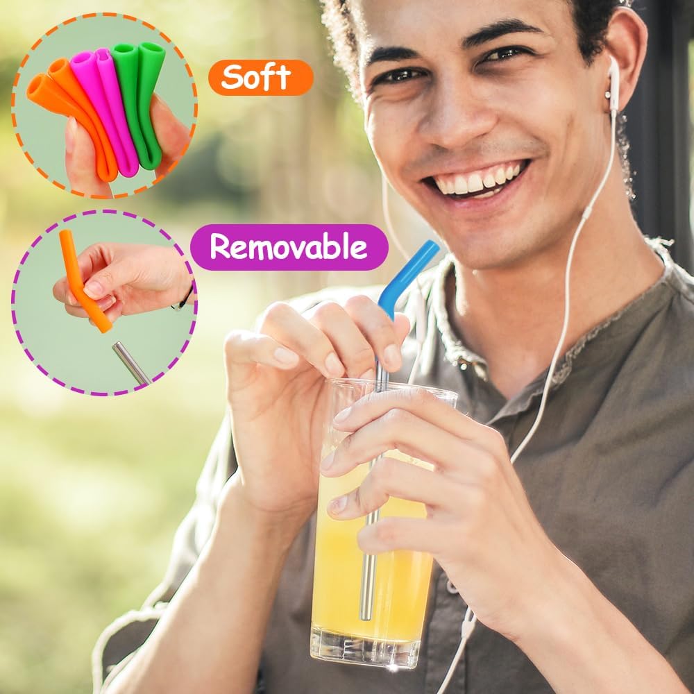 Lazycorner 16 Pcs Metal Straw Reusable 8.5" 10.5" 6mm Stainless Steel Straws for Tumblers 20oz-32oz, Rainbow Drinking Straws with Silicone Tips, 4 Straw Cleaner Brush, 1 Travel Case