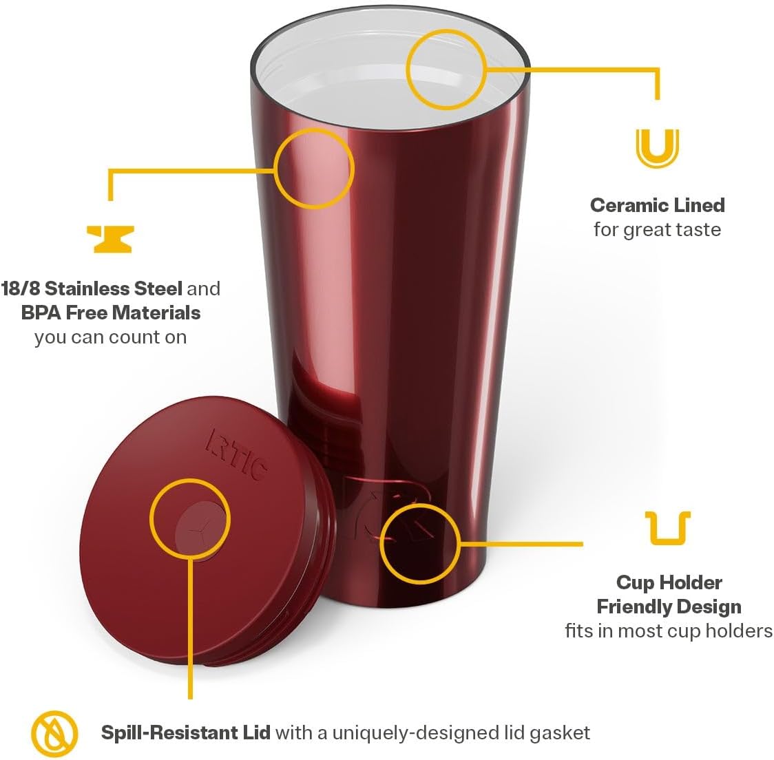 RTIC 20oz Everyday Tumbler Insulated Stainless Steel Portable Travel Coffee Cup with Straw, Ceramic Lining, Spill-Resistant Lid, BPA-Free, Hot and Cold Drink, Beach
