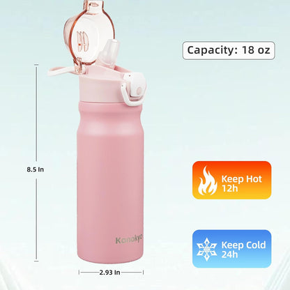 Konokyo 18 oz Insulated Water Bottle with Straw Lid, Stainless Steel Vacuum Sports Water Bottle, Leak-Proof Reusable Metal Flask with Carry Loop, BPA-Free Travel Bottle for Gym, School, Office