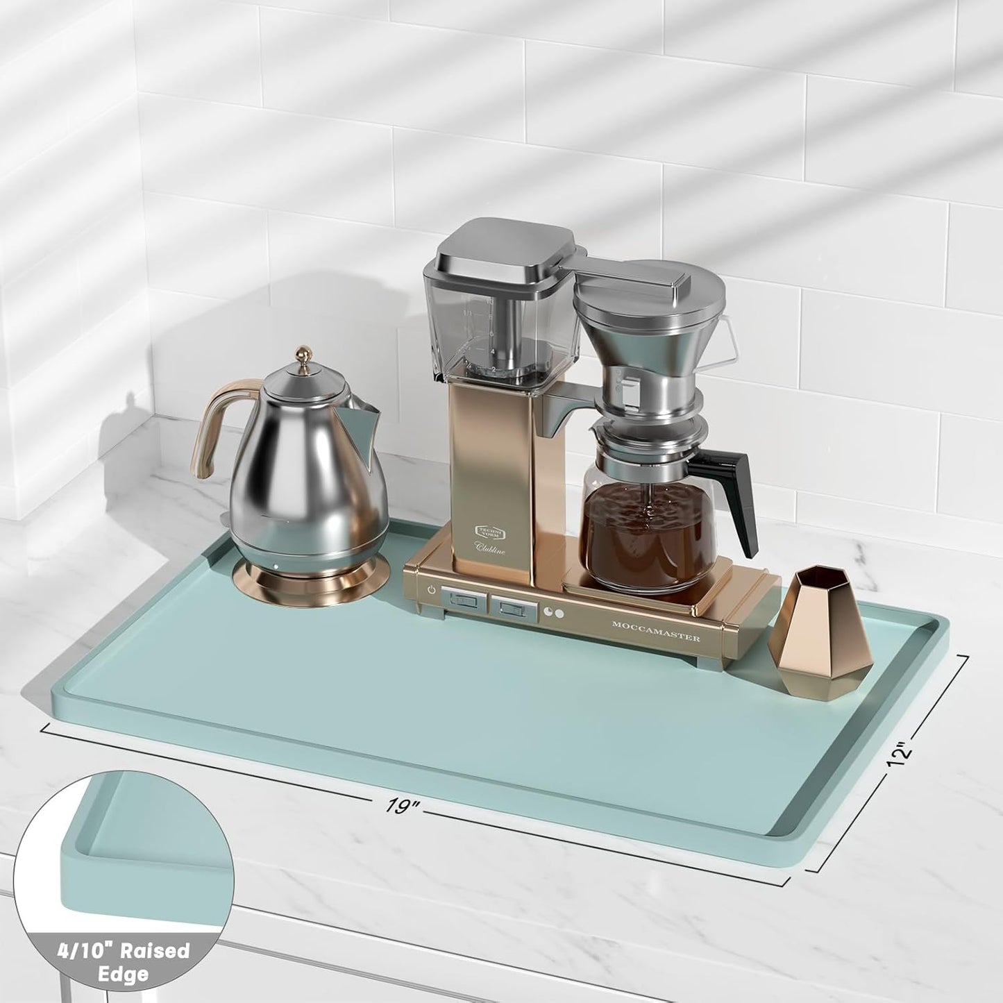 Rnivvi Silicone Coffee Mat, 16" x 24" Waterproof Raised Edge Coffee Bar Mats for Espresso Machine Station Accessories, Heat Resistant Detachable Dish Drying Pad for Kitchen Counter, Dish Rack, Green
