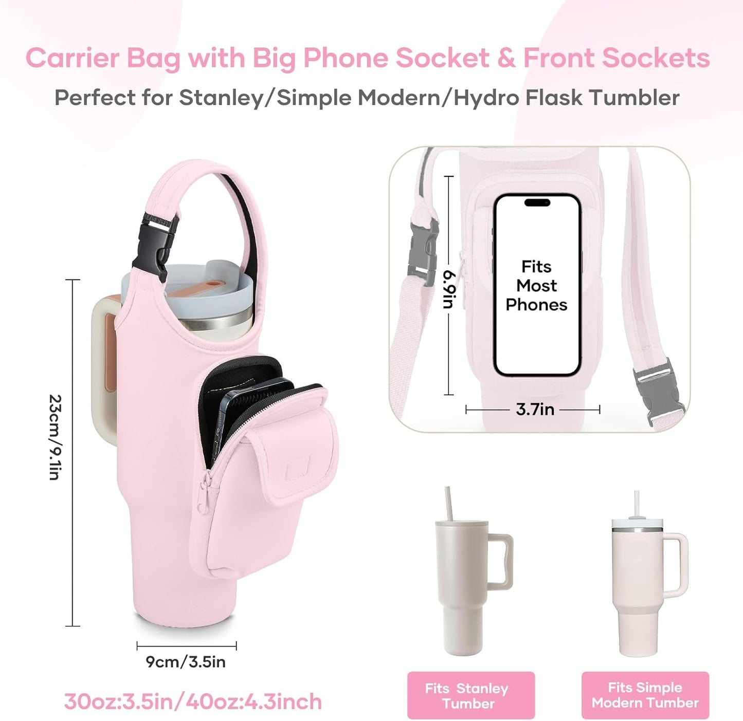Bufilea Carrier Bag with Phone Holder Pockets for Stanley 40/30oz Tumbler with Handle, Insulated Neoprene Crossbody Bag Cup Holder w/Shoulder & Handheld Straps Fits Stanley Cup Accessories