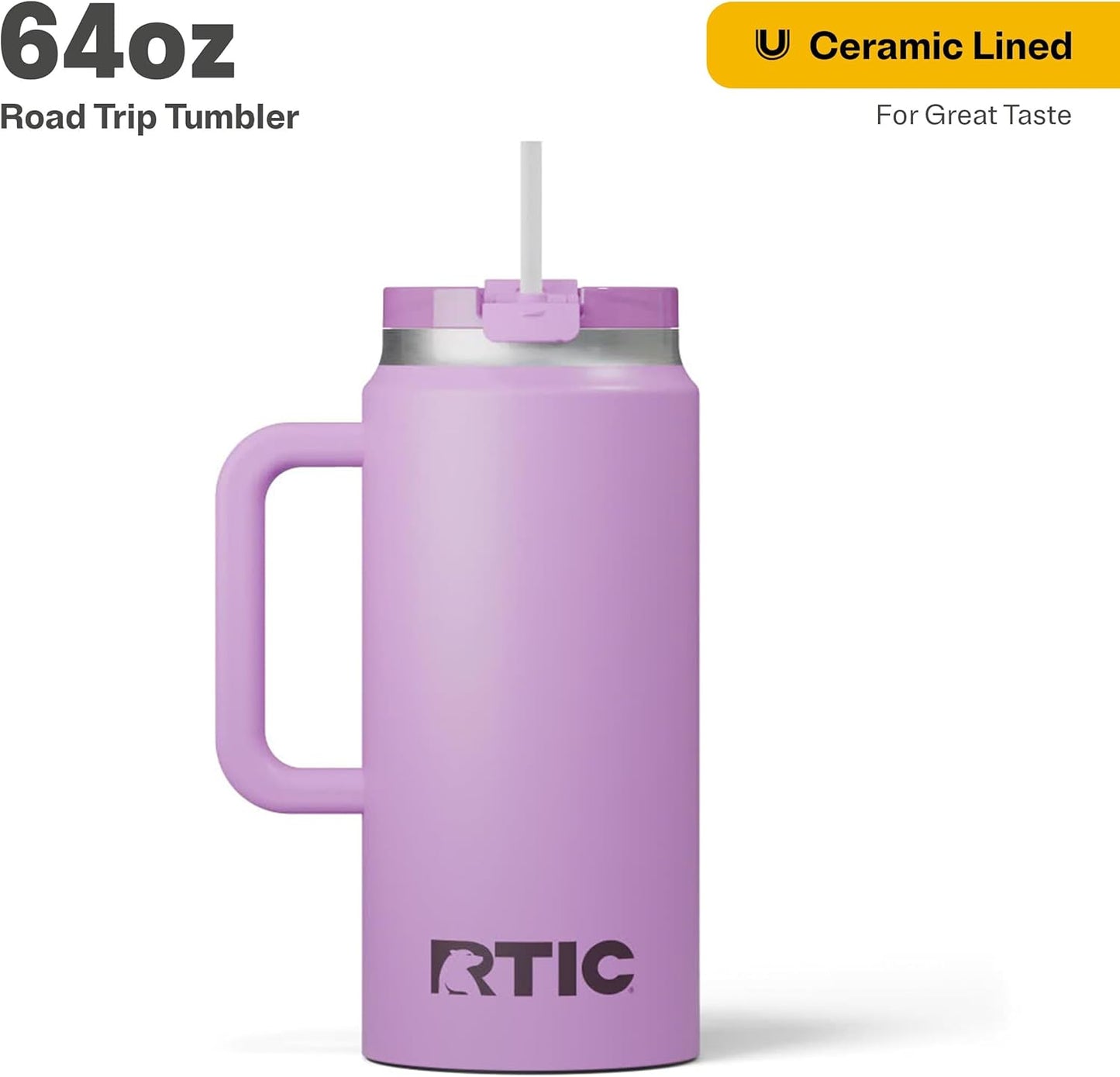 RTIC 64oz Road Trip Tumbler with Handle, Lid and Straw, Ceramic Lined, Insulated, Stainless Steel, Double Wall Vacuum-Insulation, Travel Cup, Cool Grey