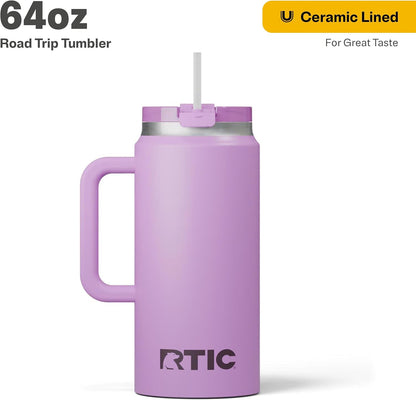 RTIC 64oz Road Trip Tumbler with Handle, Lid and Straw, Ceramic Lined, Insulated, Stainless Steel, Double Wall Vacuum-Insulation, Travel Cup, Cool Grey