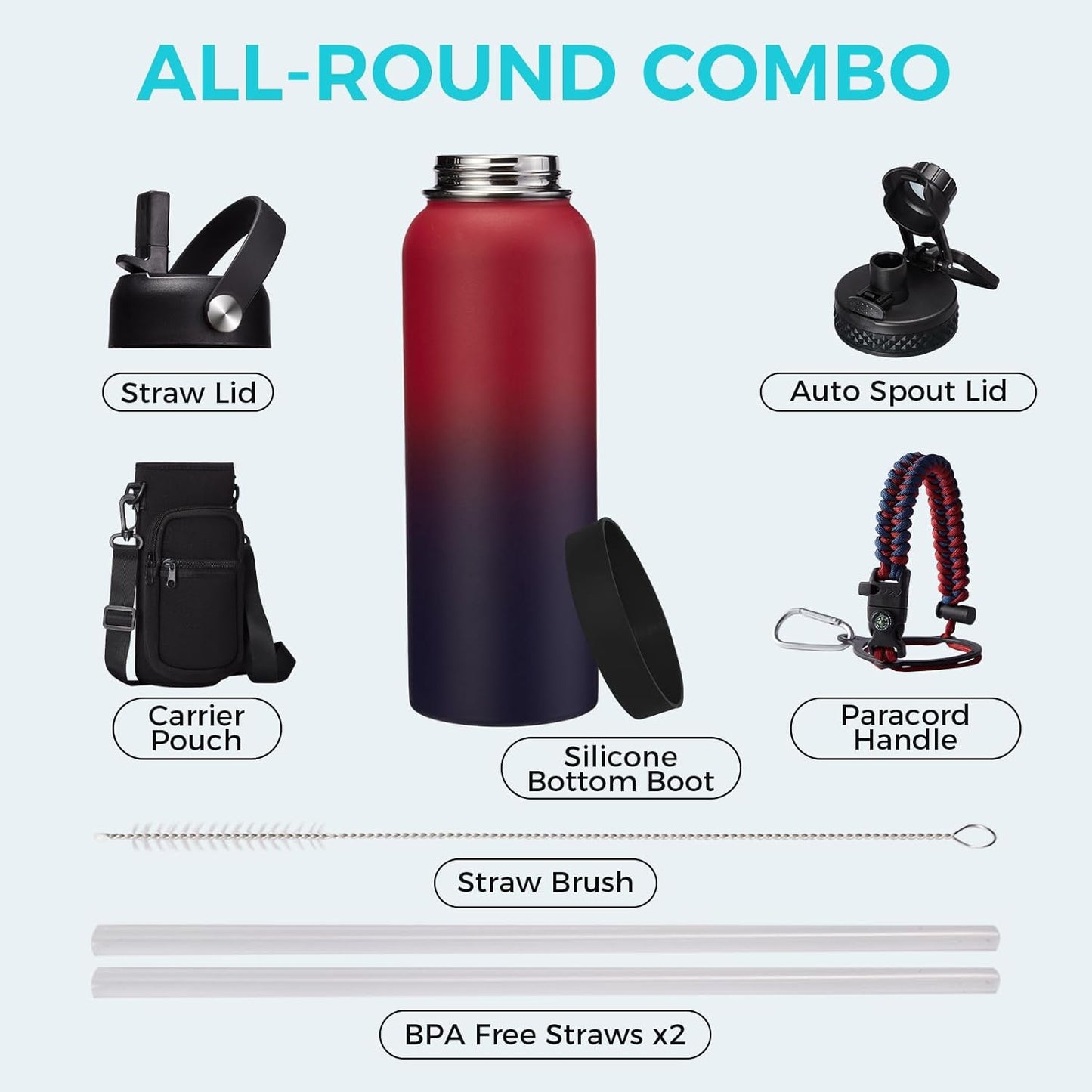 32/40/64OZ Insulated Water Bottle - Keep Cold 48H Hot 24H, Combo Straw/Spout Lids, Paracord Handle for Gym/Hiking, Carrier Bag +Strap, Cup Mat, BPA-Free Stainless Steel Flask Jug