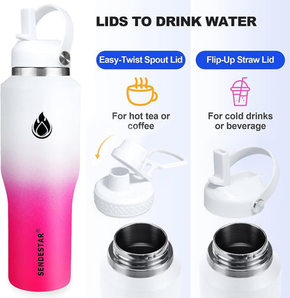 SENDESTAR 40oz Water Bottle Wide Mouth Stainless Steel Vacuum Insulated Double Wall with Straw Lids Fit in Any Car Cup Holder