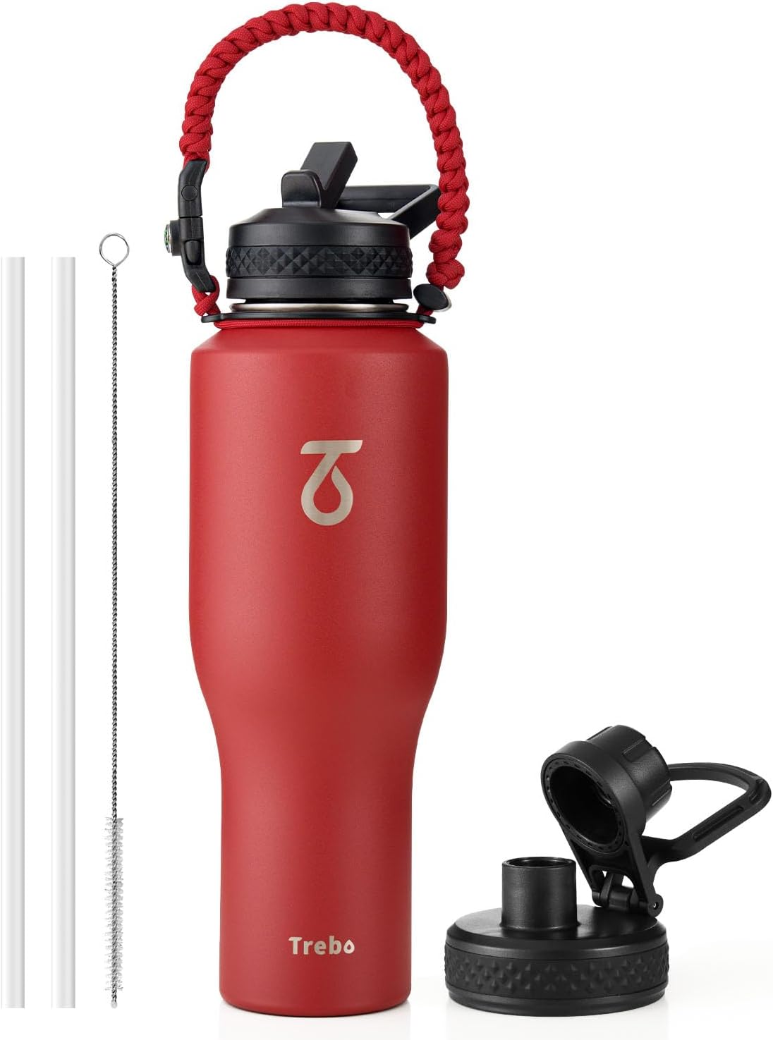 Trebo 40 oz Water Bottle Insulated Fit Car Cup Holder with Handle, Stainless Steel Water Bottles Tumbler with Spout Straw Lids, Double Wall Travel Reusable Flask, Leakproof Mug,Keep Cold &Hot,Black