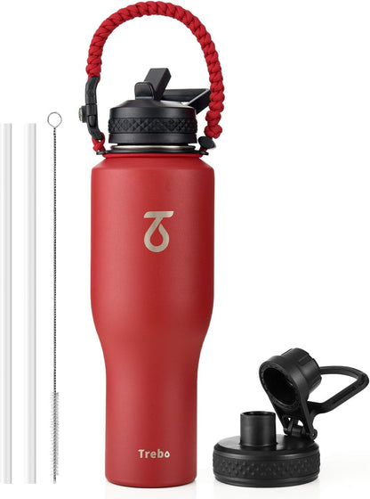 Trebo 40 oz Water Bottle Insulated Fit Car Cup Holder with Handle, Stainless Steel Water Bottles Tumbler with Spout Straw Lids, Double Wall Travel Reusable Flask, Leakproof Mug,Keep Cold &Hot,Black