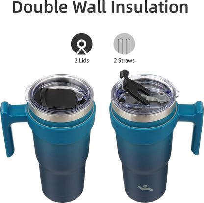 Konokyo 20 oz Tumbler with Handle and 2 Straw 2 Lid, Insulated Water Bottle Stainless Steel Vacuum Cup Reusable Travel Mug,Black