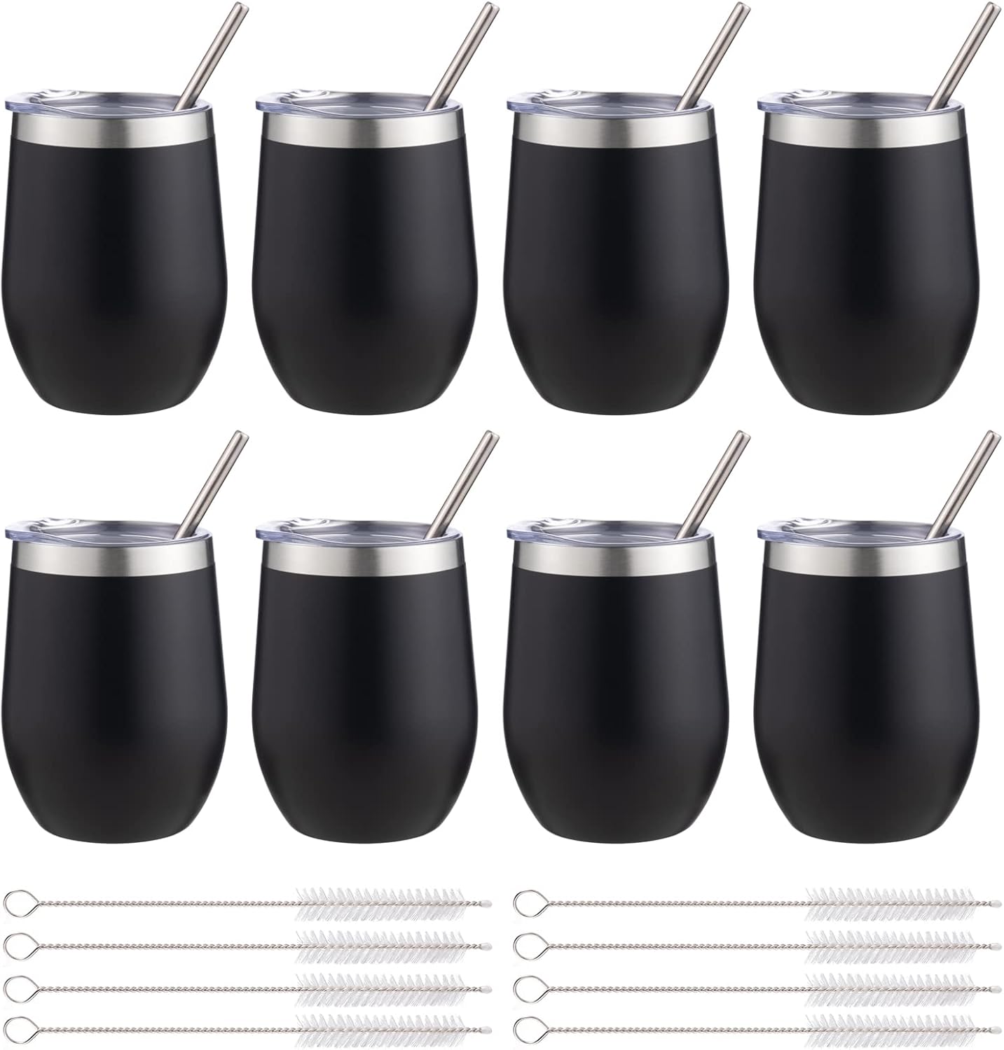 12 oz Insulated Wine Tumbler with Lid and Straw,Stainless Steel Stemless Wine Tumbler Glasses Double Wall Vacuum Wine Cups Tumbler for Coffee,Champaign,Cocktail,Office（Silver,1）