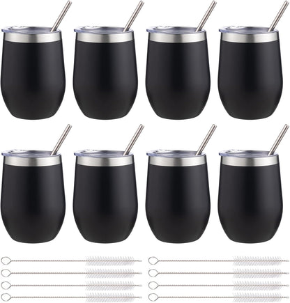 12 oz Insulated Wine Tumbler with Lid and Straw,Stainless Steel Stemless Wine Tumbler Glasses Double Wall Vacuum Wine Cups Tumbler for Coffee,Champaign,Cocktail,Office（Silver,1）