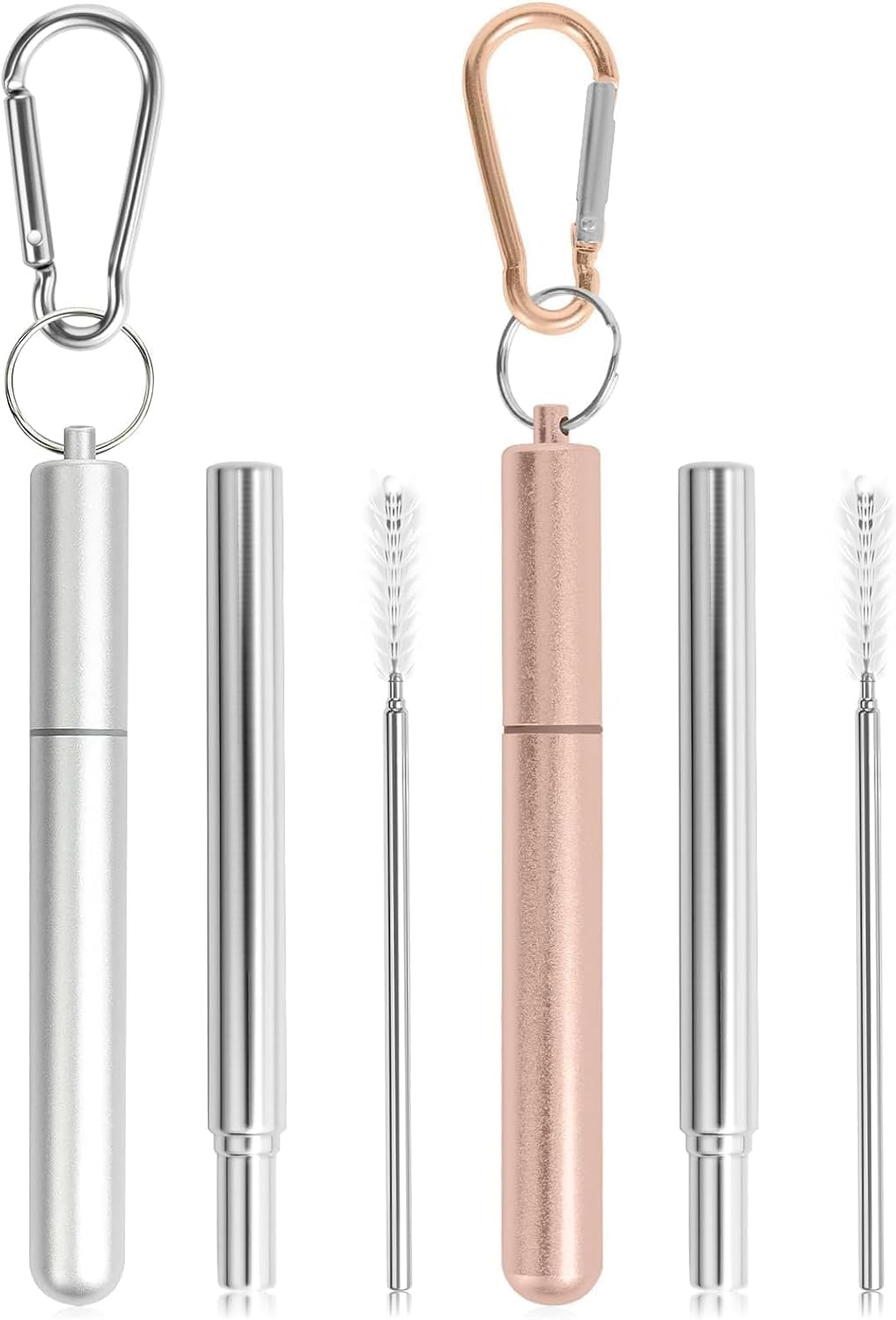 Collapsible Stainless Steel Drinking Straws with Aluminum Case, Cleaning Brush, and Keychains（Black+Silver）
