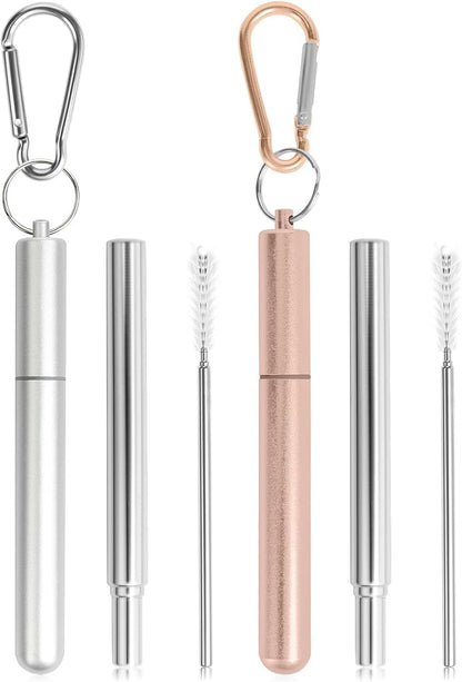 Collapsible Stainless Steel Drinking Straws with Aluminum Case, Cleaning Brush, and Keychains（Black+Silver）