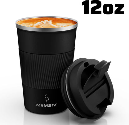 MOMSIV 12oz Travel Mug, Insulated Coffee Cup with Leakproof Lid, Travel Coffee Mug Vacuum Stainless Steel Double Walled Reusable Coffee Cup for Hot and Cold Water Coffee