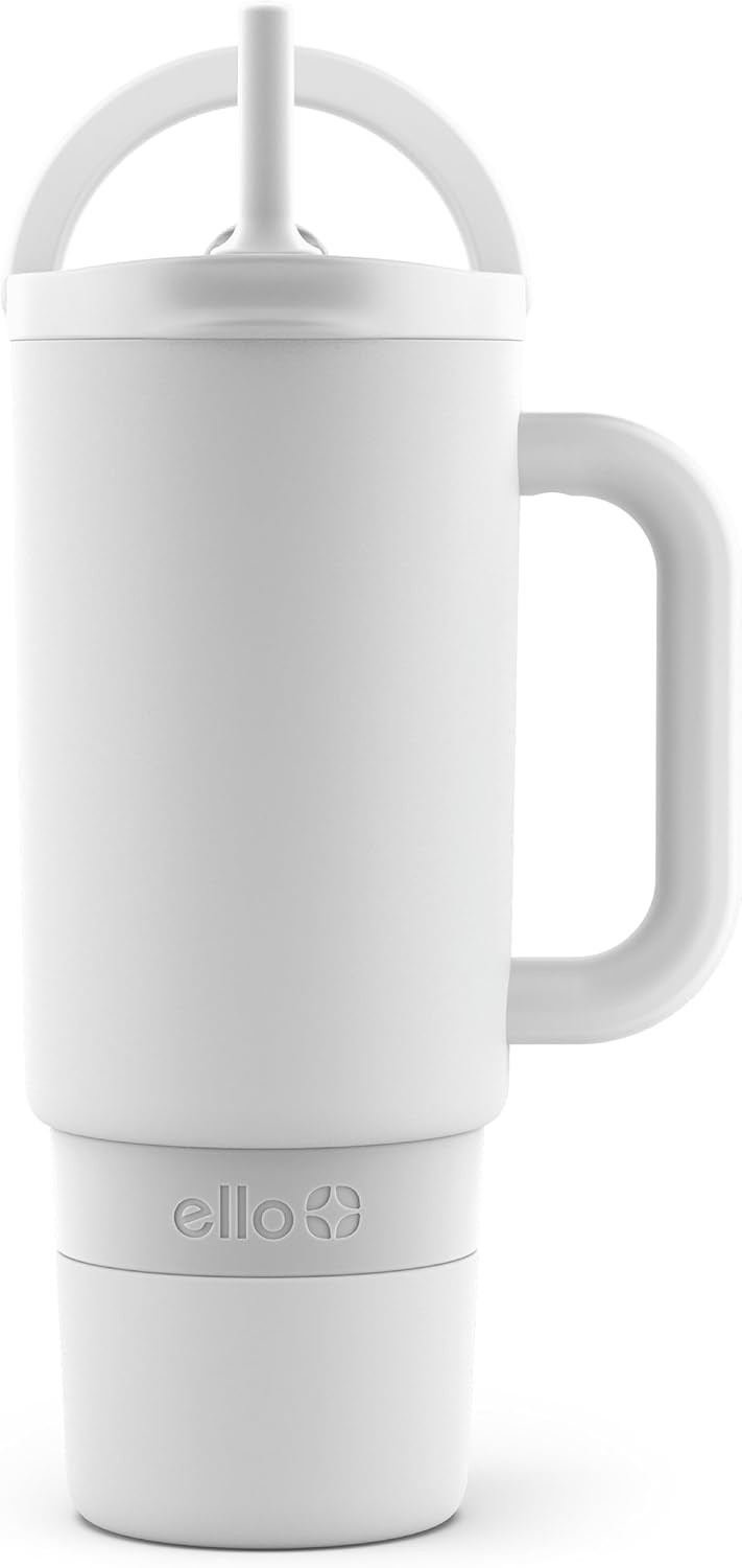 Ello Port 40oz Tumbler with Carry Loop & Integrated Handle, Vacuum Insulated Stainless Steel Reusable Water Bottle, Travel Mug with Leak Proof Lid & Straw, Perfect for Iced Coffee & Tea, White
