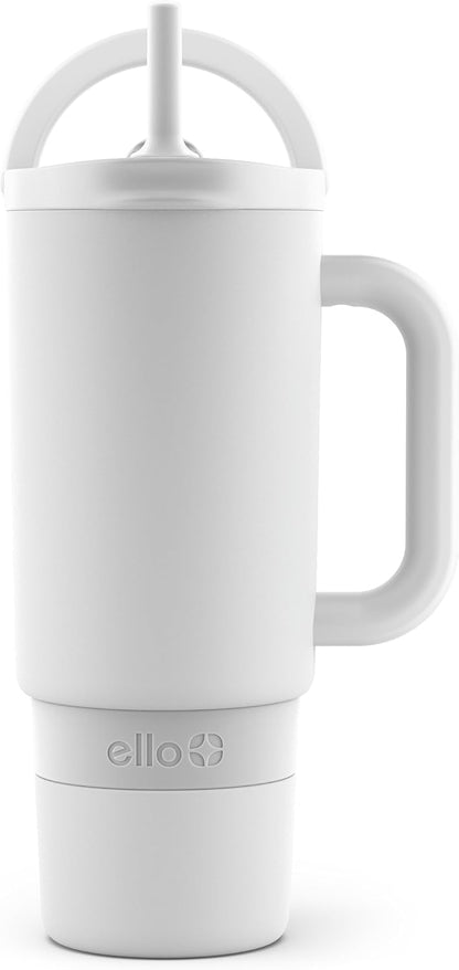 Ello Port 40oz Tumbler with Carry Loop & Integrated Handle, Vacuum Insulated Stainless Steel Reusable Water Bottle, Travel Mug with Leak Proof Lid & Straw, Perfect for Iced Coffee & Tea, White