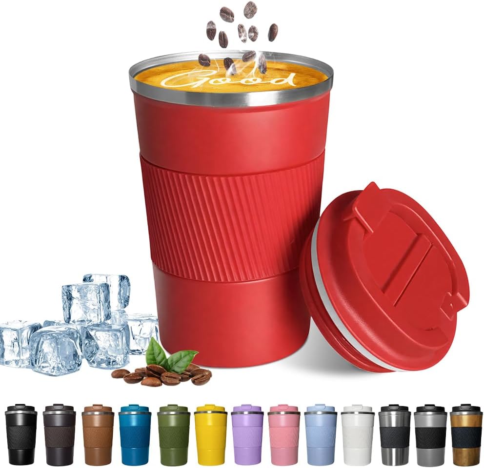 YINBAOGE Insulated Travel Coffee Mug, Spill & Leak Proof, Portable To Go Camping Stainless Steel Coffee Tumbler, Reusable Thermal Coffee Cup with Lid for Hot & Cold Drinks (Black, 12 OZ)