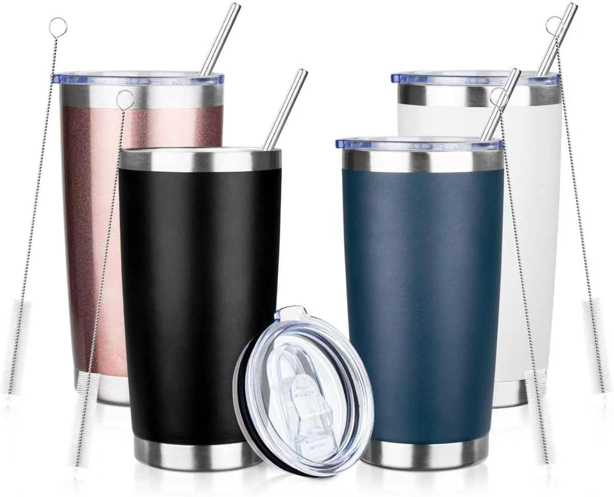 20oz Tumbler with Straw and Brush, Stainless Steel Vacuum Insulated tumbler, Double Wall Insulated Coffee Tumbler for Outdoor, Home, Travel,Office (Buff,1pcs)