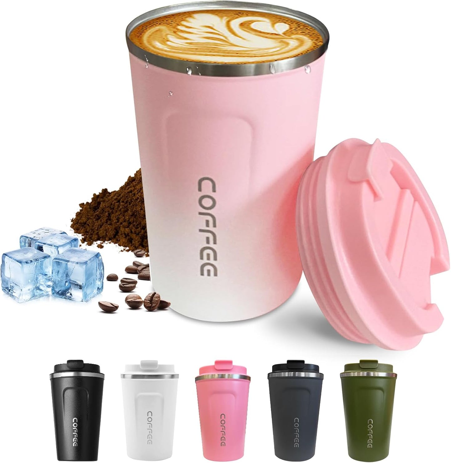 SPLMIFA Travel Coffee Mug Leak-Proof, Reusable Coffee Cups with Lids, Stainless Steel Vacuum Insulated Coffee Tumblers, Thermal Insulation Cup for Men and Women Hot & Cold Drinks(2nd-Green Pink, 12OZ)