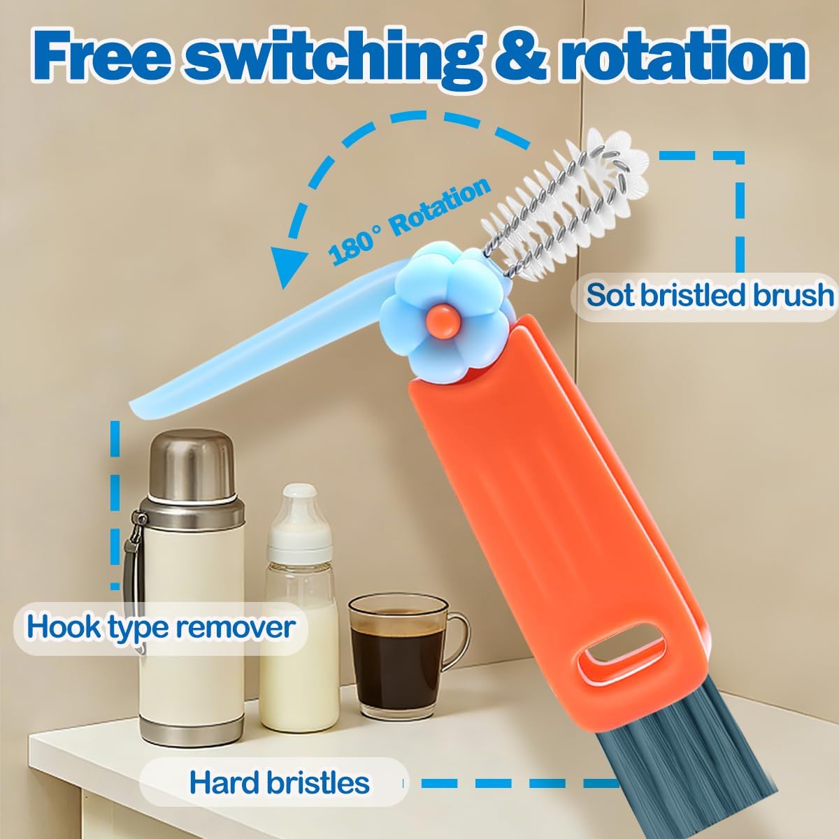 3 in 1 Cup Lid Cleaning Brush, 4PCS Multifunctional Crevice Cleaning Brush for Water Bottle Insulated Cup Tumbler Lid Groove Narrow Space Detail Cleaner Home Kitchen Gadgets