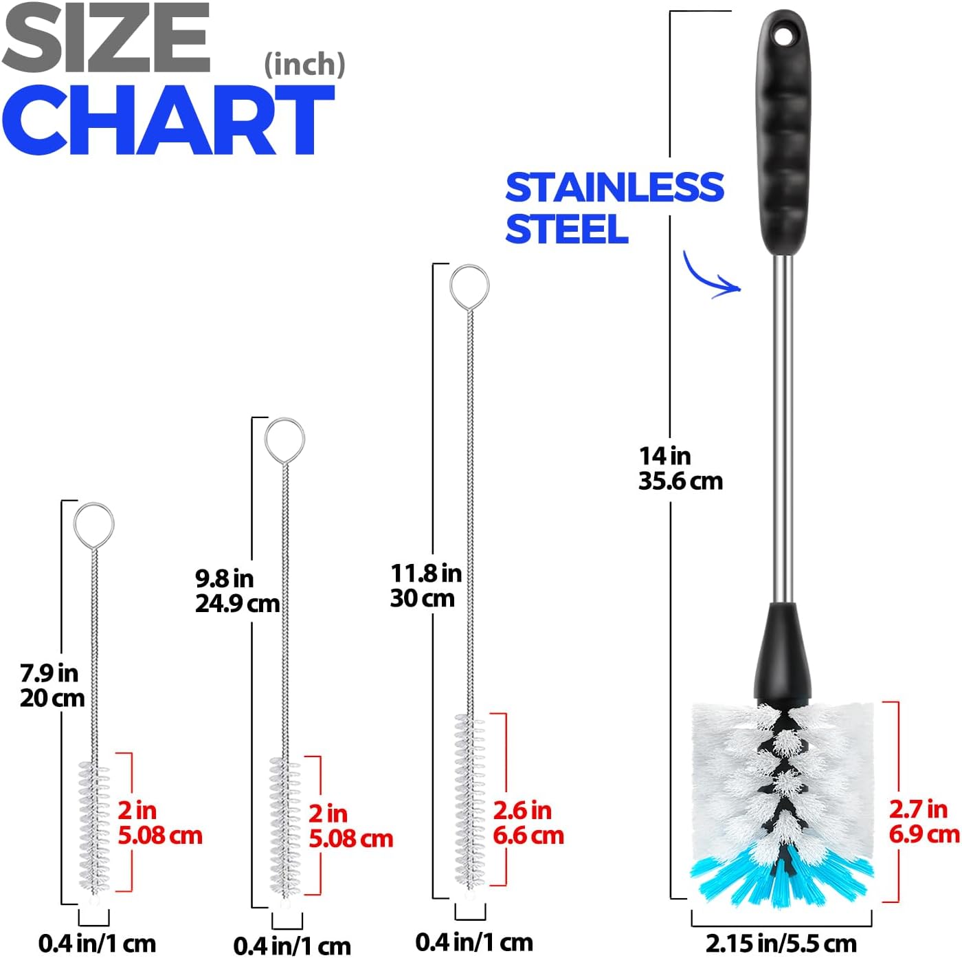 Holikme Bottle Brush Cleaner Set, 14" Long Handle Stainless Steel Bottle Cleaner Brush, 3 Straw Cleaner Brush, Bottle Cleaning Brush for Water Bottle, Cups, Abrasive Wheel Brushes, Straws Black
