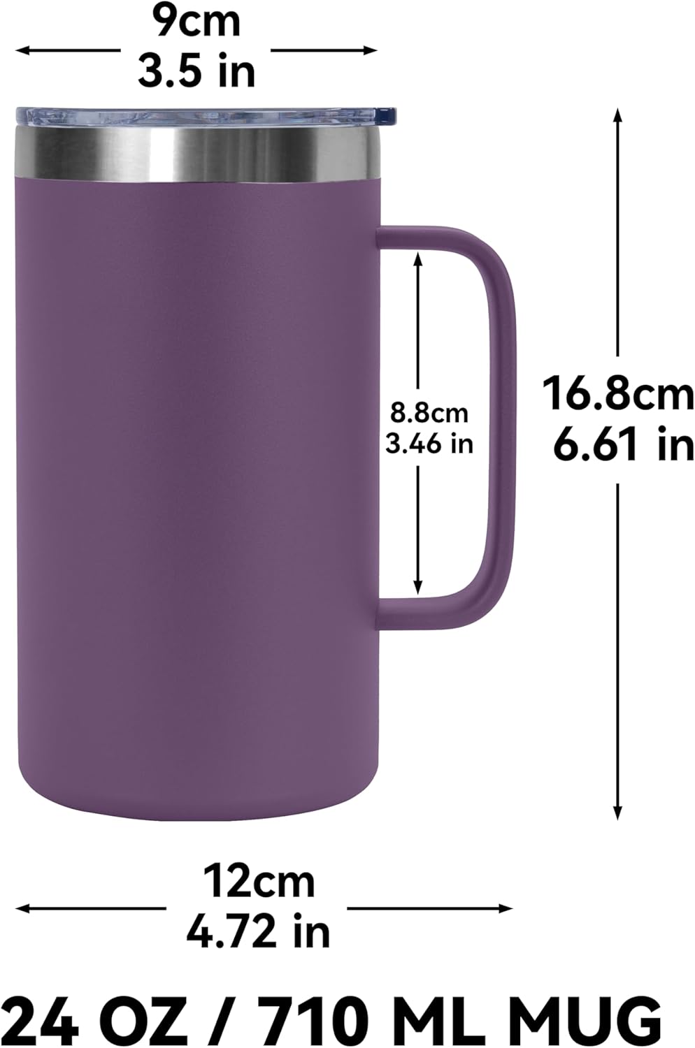 DOMICARE 24oz Mug with Handle and Lid, Stainless Steel Coffee Mug, Reusable Insulated Cup, Travel Mug with Handle, Double Wall Vacuum Coffee Tumbler for Men and Women, Black, Pack 1