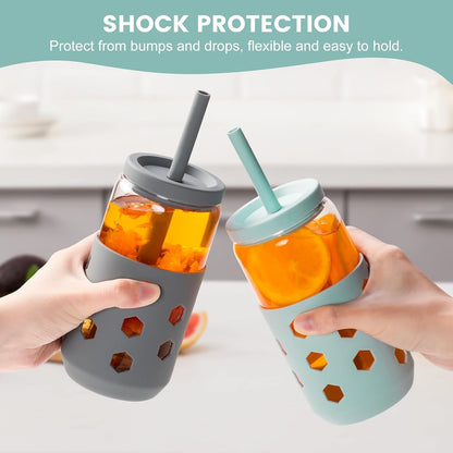 Mrsdry Glass Cups with Lids and Straws (4 Pcs), 16oz Drinking Glasses Set with Silicone Sleeves for Coffee Bar Accessories Iced Coffee Cups with Lids, Glass Tumbler Reusable for Gifts