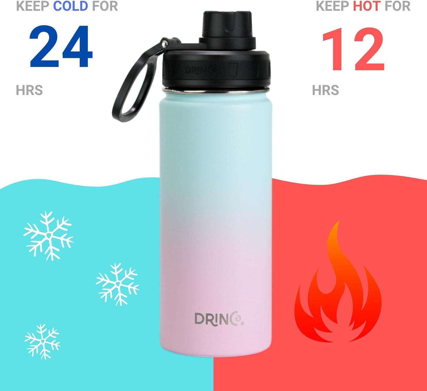 Drinco Stainless Steel Water Bottle Spout Lid Vacuum Insulated Double Wall Water Bottle Wide Mouth (40oz 32oz 22oz 18oz 14oz) Leak Proof Keep Cold Sport Camping Hiking (22 oz, 22oz Black)