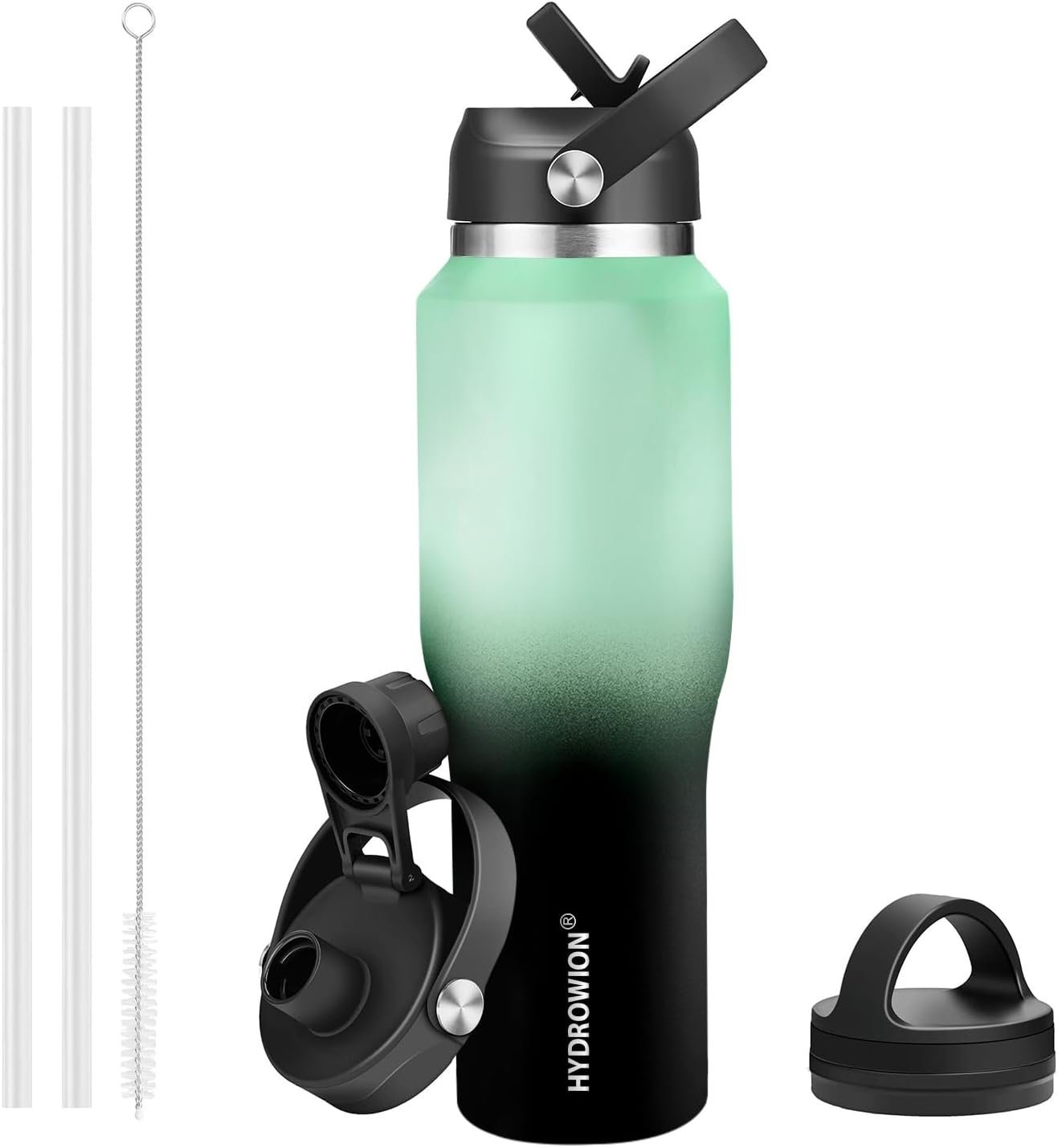 HYDROWION 32oz Stainless Steel Water Bottle(Cold for 48 Hrs, Hot for 24 Hrs),Double Wall Vacuum Insulated Water Bottle with Straw Lid, Spout Lid and Flex Cap, Fit in Any Car Cup Holder,Black