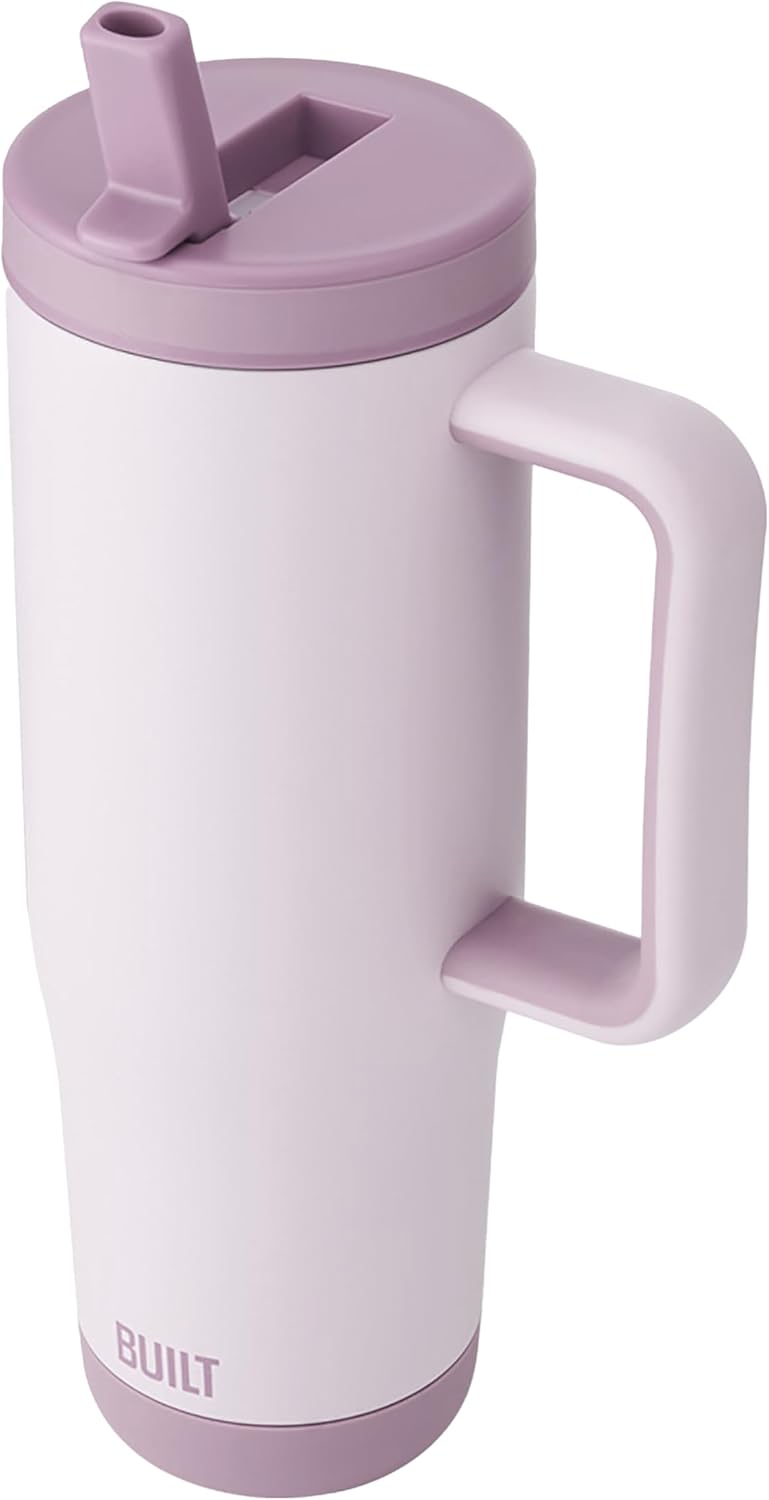 Built 40 oz Cascade Flip Straw Tumbler, Double Wall Insulated Bottle, Gym & Sport Bottles - Stainless Steel & Straw Lid, Leak-Proof, Soft Bumper Base, Portable BPA-Free (Lavender)