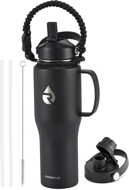 RAYMYLO 40 oz Insulated Water Bottle with Straw fit in Car Cup Holder, Triple Wall Vacuum Stainless Steel(Cold 48 hrs, Hot 24 hrs), Leakproof & Non-BPA, Hydro Travel Flask with Straw and Spout Lid