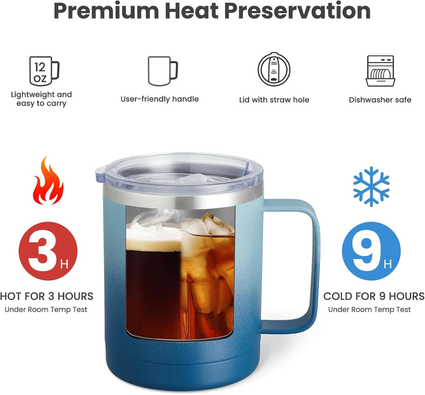 MEWAY 12oz Coffee Mug With Handle and Sliding Lid,Stainless Steel Travel Tumbler Cup with Handle,Double Wall Vacuum Insulated Camping Cup for Hot & Cold Drinks Tea (Black,Set of 1