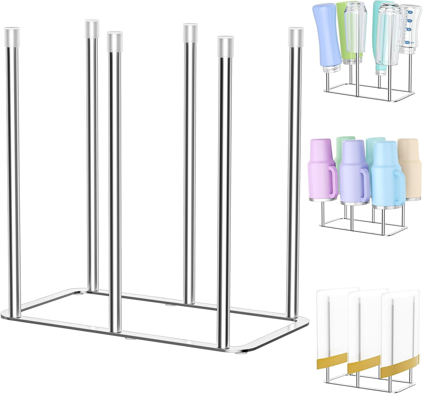 Water Bottle Drying Rack Reusable Bottle Rack Dryer Kitchen Stand Holder Metal Countertop Baby Bottle Drying Rack Water Cup Drying Rack for Plastic Bags, Bottles and Cups (Sliver, Small)